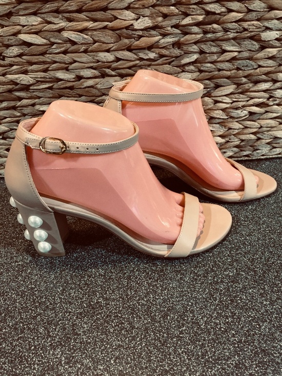 Stuart Weitzman Shoes - Stuart Weitzman Nude Beige Pearl-Embellished Block Heel Sandals